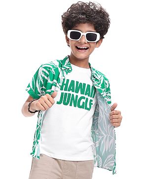 Pine Kids Viscose Woven Half Sleeves Tropical Theme Print Shirt with Sleeveless Inner T-Shirt - Green & White