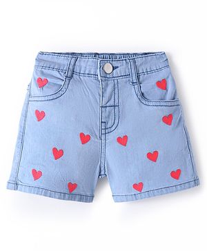 Bonfino Cotton Lycra Denim Woven Shorts With Hearts Embroidery - Light Blue