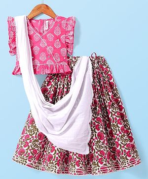 Babyhug Cotton Woven Frilled Sleeves Floral Printed Choli Lehenga Set with Dupatta - White & Pink