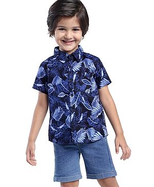 Babyhug Cotton Woven Half Sleeves Tropical Theme Printed Shirt & Solid Denim Shorts Set - Navy Blue