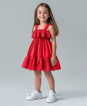 Bonfino 100% Cotton Woven Singlet Sleeves Strappy Schiffli Frock - Red