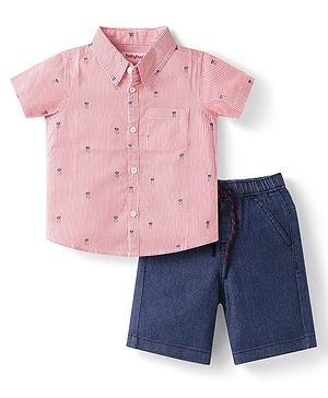 Babyhug Cotton Woven Half Sleeves Striped Shirt & Denim Shorts Set With Pineapple Print - Pink & Blue