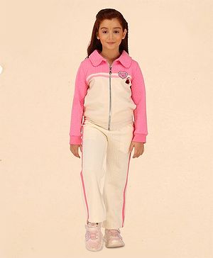 Cutecumber Full Sleeves Colour Blocked & Cable Knit Coordinating Track Suit set - Cream