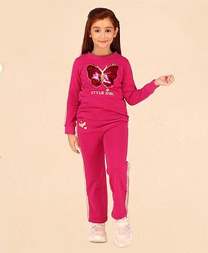 Cutecumber Full Sleeves Butterfly Sequin Embellished Top With Coordinating Pant - Fuchsia