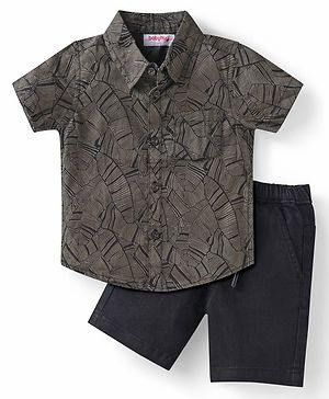 Babyhug Cotton Woven Half Sleeves Leaf Printed Shirt & Denim Shorts Set - Brown