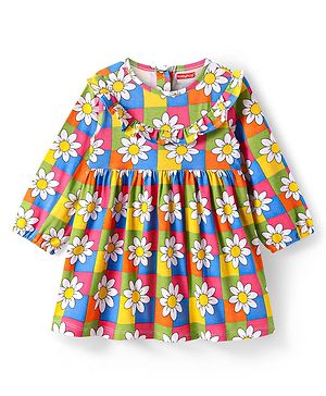 Babyhug Cotton Knit Full Sleeves Frock with Frill Detailaing & Floral Print - Yellow Green & Blue