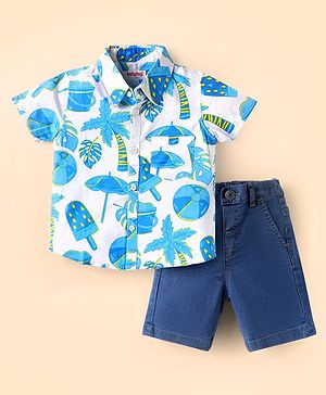Babyhug Cotton Woven Half Sleeves Tropical Theme Printed Shirt & Solid Denim Jeans Set - White & Blue