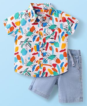 Babyhug Cotton Woven Half Sleeves Tree Printed Shirt & Denim Shorts Set - White & Light Blue
