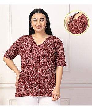 Zelena 100% Cotton Half Sleeves Floral Printed Zipless Feeding Top - Dark Brown