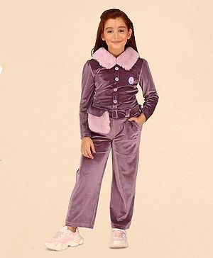 Cutecumber Full Sleeves Chenille & Fur Collar Coordinating Top With Pant Set - Purple