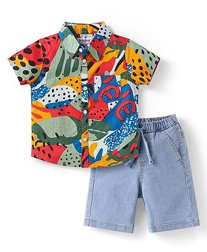 Babyhug Cotton Woven Half Sleeves Printed Shirt & Denim Shorts Set - Red & Blue