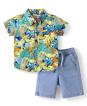 Babyhug Cotton Woven Half Sleeves Leaf Printed Shirt & Denim Shorts Set - Green & Blue