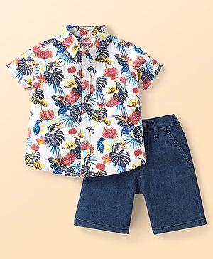 Babyhug Cotton Woven Half Sleeves Floral Printed Shirt & Denim Shorts Set - White & Blue