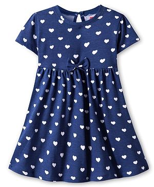 Babyhug Single Jersey Knit Half Sleeves Frock with Hearts Print & Bow Applique - Navy Blue