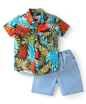 Babyhug Cotton Woven Half Sleeves Leaf Printed Shirt & Denim Shorts Set - Multicolor & Blue