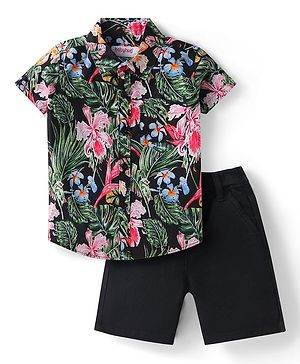 Babyhug Cotton Woven Half Sleeves Floral Printed Shirt & Denim Shorts Set - Black