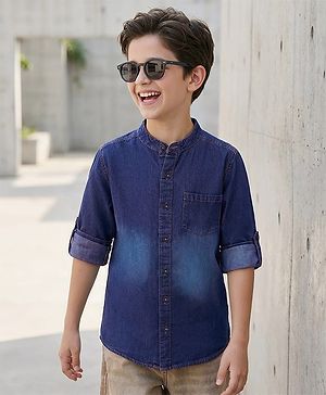 Pine Kids Woven Full Sleeves Washed Mandarin Collar Denim Shirt - Navy Blue