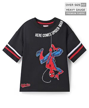 Pine Kids Marvel Terry Knit Half Drop Shoulder Sleeves Over Size Fit T-Shirt with Spider Man Graphic - Black