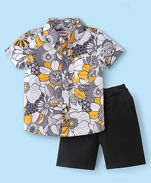 Babyhug Cotton Woven Half Sleeves Floral Printed Shirt & Denim Shorts Set - Grey