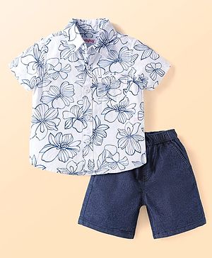 Babyhug Cotton Woven Half Sleeves Shirt & Denim Shorts Set with Floral Print - Navy Blue & White