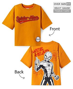 Pine Kids Disney Terry Knit Half Drop Shoulder Sleeves T-Shirt with Spiderman Graphics & Badge Detailing - Orange