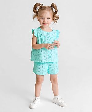 Bonfino 100% Cotton Woven Frill Sleeves Co-ords Schiffili Top & Shorts Set - Light Blue