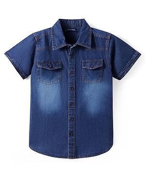 Pine Kids Denim Woven Half Sleeves Washed Shirt - Navy Blue