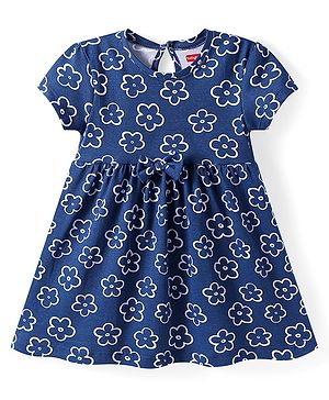 Babyhug Single Jersey Knit Half Sleeves Frock with Floral Print & Bow Applique - Blue