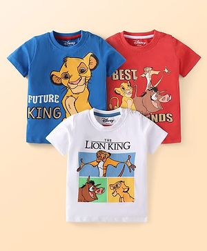Babyhug Disney Single Jersey Knit Half Sleeves T-Shirts with Simba & Friend Graphics Pack of 3 - White Blue & Red