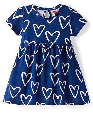 Babyhug Single Jersey Knit Half Sleeves Heart Printed Frock with Bow Applique - Navy Blue