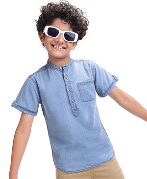 Pine Kids Denim Woven Half Sleeves Mandarin Collar Washed Shirt - Light Blue