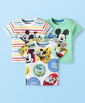 Babyhug Disney Single Jersey Knit Half Sleeves T-Shirt with Mickey & Friends Graphics Pack of 3 - White & Mint Green