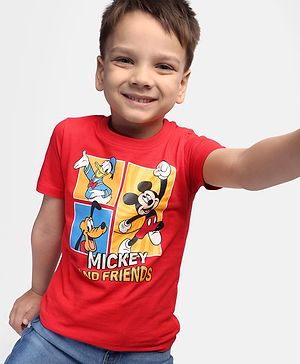 Babyhug Disney Single Jersey Knit Half Sleeves T-Shirt with Mickey & Friends Graphics - Red