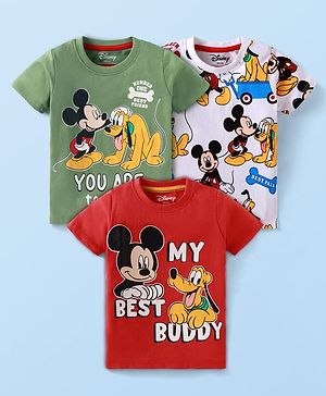 Babyhug Disney Single Jersey Knit Half Sleeves T-Shirts with Mickey & Pluto Graphics Pack of 3 - Green White & Red