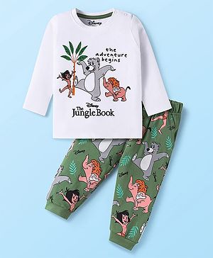 Babyhug Disney Single Jersey Knit Full Sleeve Night Suit With Mowgli & Balu Graphic - White & Green
