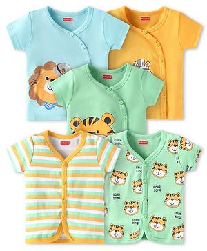 Babyhug Interlock Knit Half Sleeves Vests With Animal Print Pack of 5 - Blue Green & Yellow