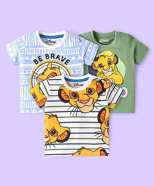 Babyhug Disney Single Jersey Knit Half Sleeves T-Shirts with Simba Graphics Pack Of 3 - White Light Blue & Olive Green