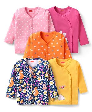 Babyhug 100% Cotton Knit Full Sleeves Floral Animal & Polka Dots Printed Jhablas Pack of 5 - Navy Blue Orange & Yellow