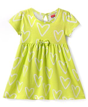 Babyhug Single Jersey Knit Half Sleeves Frock with Bow Applique & Heart Print - Light Green