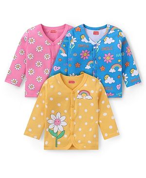 Babyhug 100% Cotton Knit Full Sleeves Front Open Vests with Floral & Polka Dots Print Pack of 3 - Yellow Blue & Pink