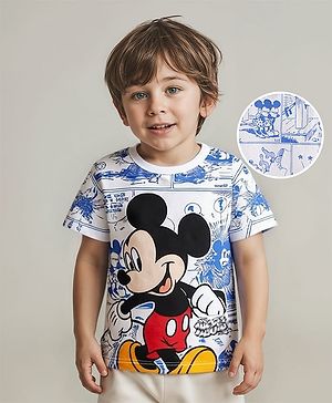 Babyhug Disney Single Jersey Knit Half Sleeves T-Shirt with Mickey Mouse Graphics - White & Blue