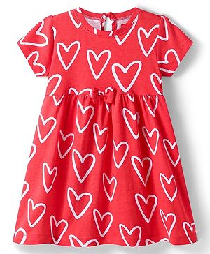 Babyhug Single Jersey Knit Half Sleeves Anti Bacterial Heart Printed Frock with Bow Applique - Red