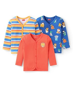 Babyhug Interlock Knit Full Sleeves Jhablas with Stripe & Animal Print Pack Of 3 - Blue Yellow & Red