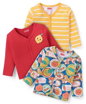 Babyhug 100% Cotton Knit Full Sleeves Front Open Vests with Striped &  Fruit Print Pack of 3 - Red Yellow & Blue Babyhug 100% Cotton Knit Full Sleeves Front Open Vests with Striped &  Fruit Print Pack of 3 - Red Yellow & Blue