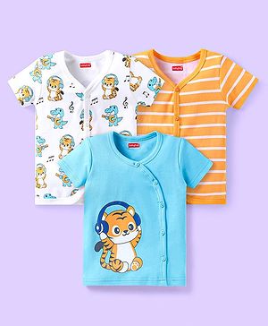 Babyhug 100% Cotton Woven Half Sleeves Front Open Jhabla with Stripe & Animal Print Pack Of 3 - Light Blue White & Mustard Babyhug 100% Cotton Woven Half Sleeves Front Open Jhabla with Stripe & Animal Print Pack Of 3 - Light Blue White & Mustard