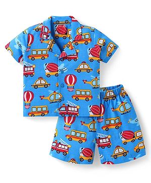 Babyhug Cotton Knit  Half Sleeves Front Open Shorts Night Suit with Vehicle Print - Blue