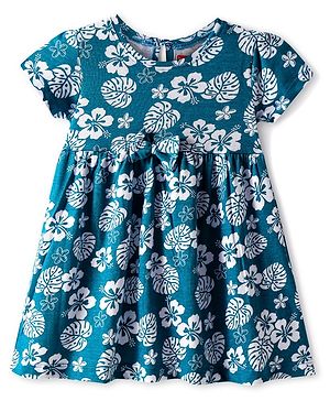 Babyhug Cotton Knit Half Sleeves Frock With Floral Print & Bow Applique - Teal Blue