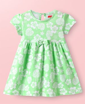 Babyhug Cotton Knit Half Sleeves Frock With Floral Print & Bow Applique - Light Green