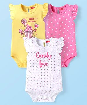Babyhug 100% Cotton Knit Frill Sleeves Polka Dots & Hear Printed Onesies Pack of 3 - White Dark Pink & Yellow