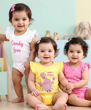Babyhug 100% Cotton Knit Frill
                              Sleeves Polka Dots & Hear Printed
                              Onesies Pack of 3 - White Dark Pink &
                              Yellow